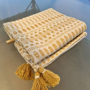 Celerie Kemble Beige Yellow Tan Mustard Blanket Knitted Throw Tassels Boho NWT